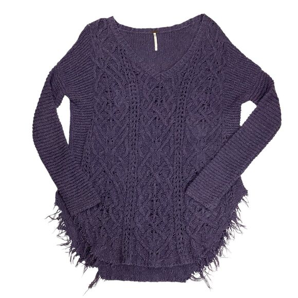 Free People Boho Loose Cable Knit V Neck Sweater Women S Distressed Purple Fring - Picture 1 of 11
